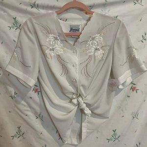 Vintage 80s 90s Joanna Petite Floral Embroidered Blouse Size S/M